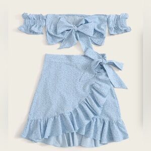 SHEIN Tied Front Shirred Back Bardot Top and Ruffle Skirt Set